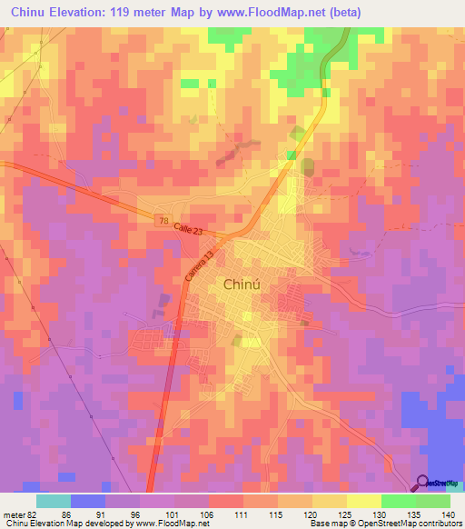 Chinu,Colombia Elevation Map