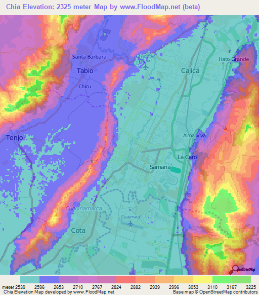 Chia,Colombia Elevation Map