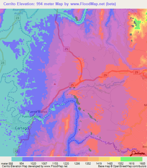 Cerrito,Colombia Elevation Map