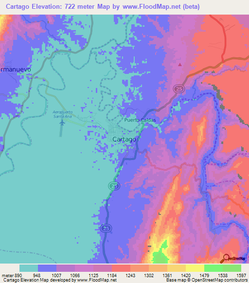 Cartago,Colombia Elevation Map