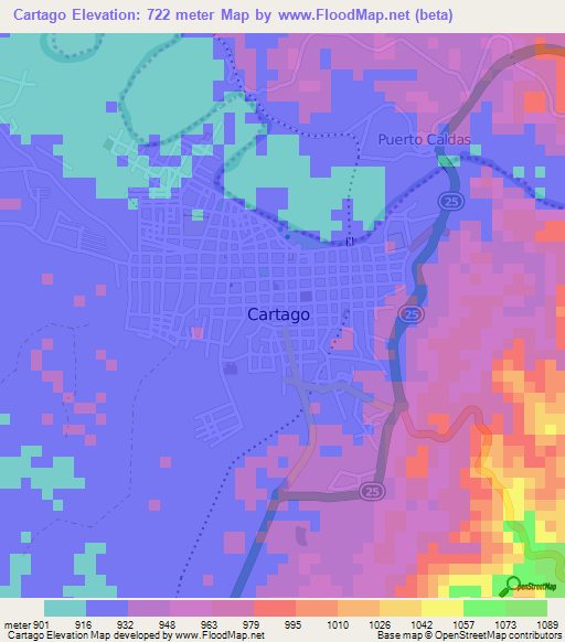 Cartago,Colombia Elevation Map