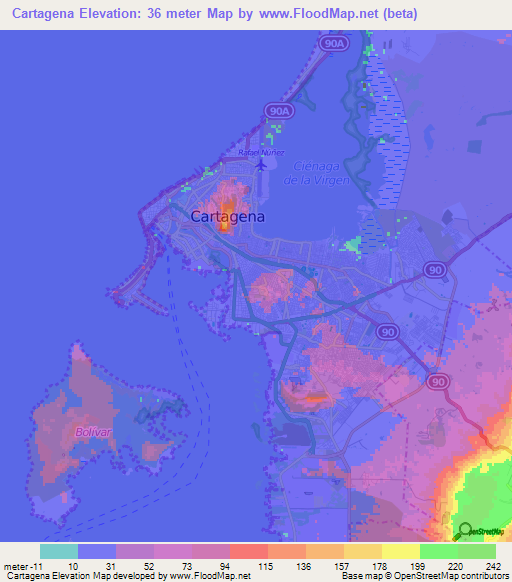 Cartagena,Colombia Elevation Map