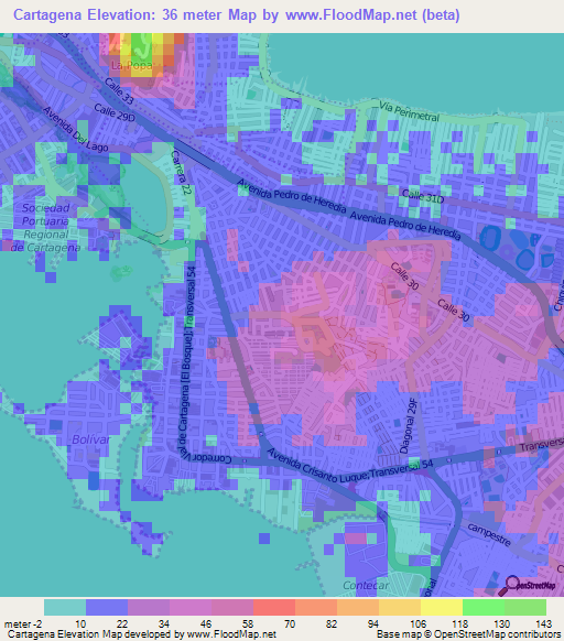 Cartagena,Colombia Elevation Map