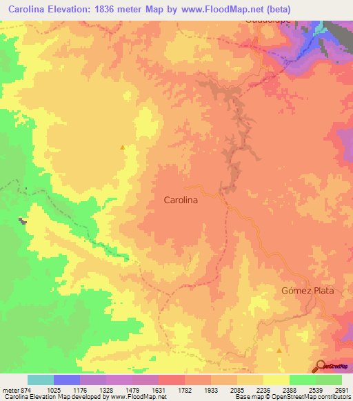 Carolina,Colombia Elevation Map