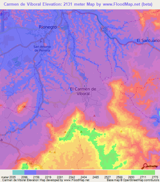 Carmen de Viboral,Colombia Elevation Map