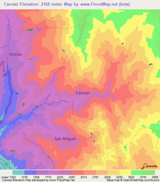 Carcasi,Colombia Elevation Map