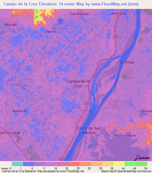 Campo de la Cruz,Colombia Elevation Map