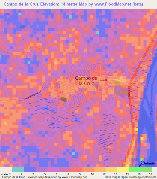 Campo de la Cruz,Colombia Elevation Map