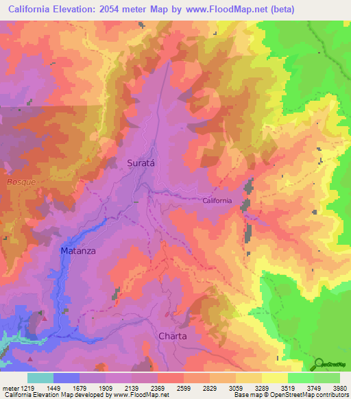 California,Colombia Elevation Map