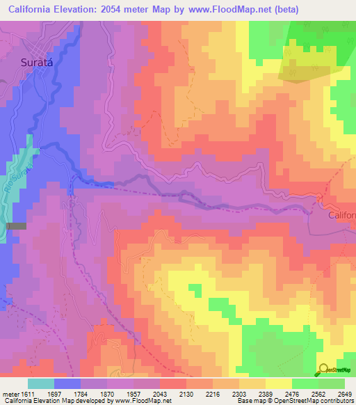 California,Colombia Elevation Map