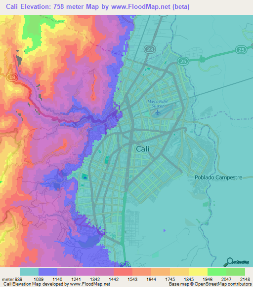 Cali,Colombia Elevation Map