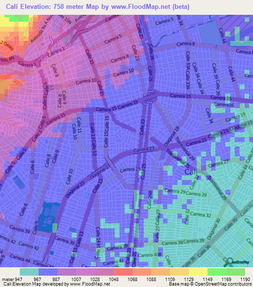 Cali,Colombia Elevation Map