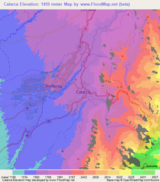 Calarca,Colombia Elevation Map