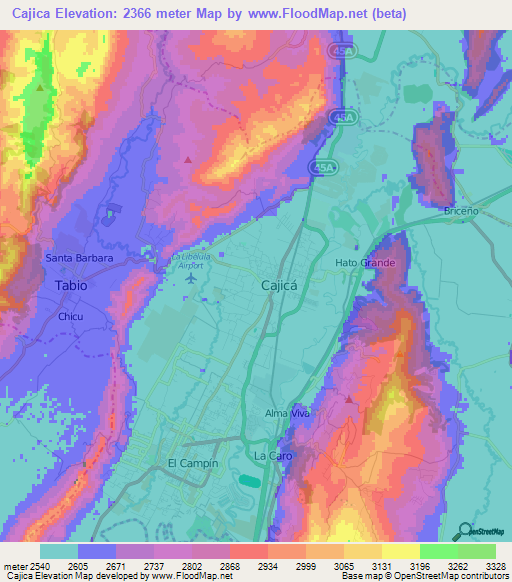 Cajica,Colombia Elevation Map