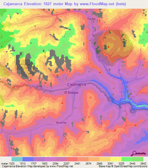 Cajamarca,Colombia Elevation Map