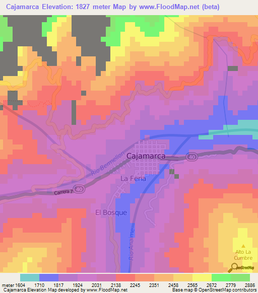 Cajamarca,Colombia Elevation Map