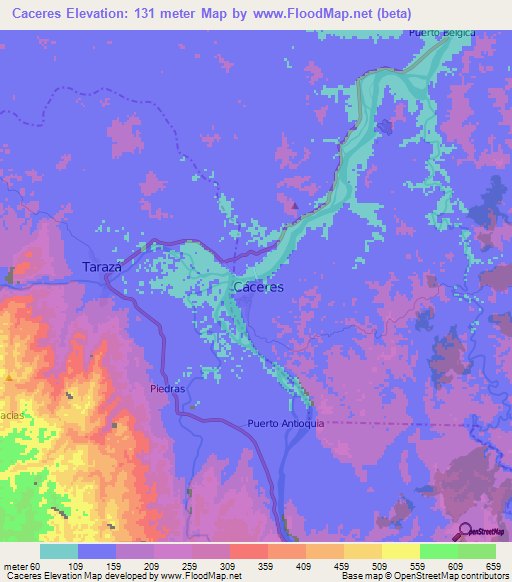 Caceres,Colombia Elevation Map