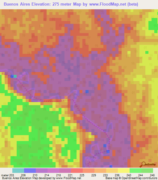 Buenos Aires,Colombia Elevation Map