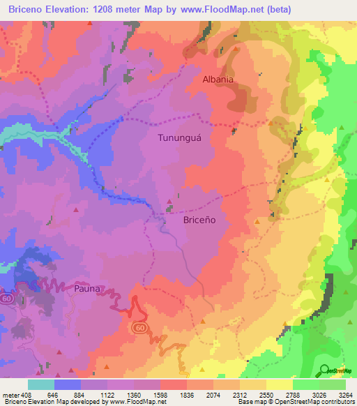 Briceno,Colombia Elevation Map