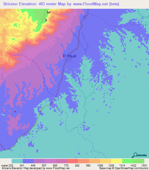 Briceno,Colombia Elevation Map