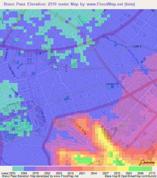 Bravo Paez,Colombia Elevation Map