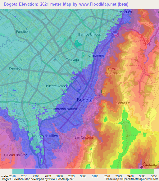 Bogota,Colombia Elevation Map