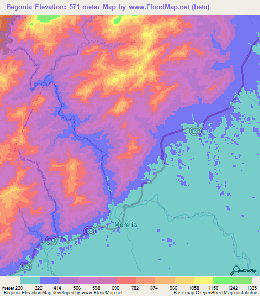 Begonia,Colombia Elevation Map