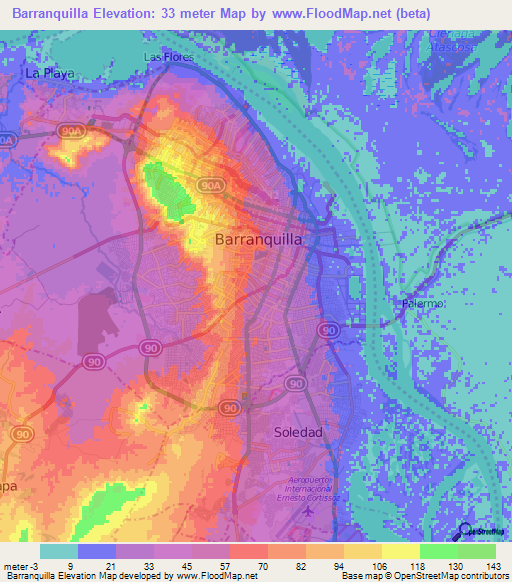 Barranquilla,Colombia Elevation Map