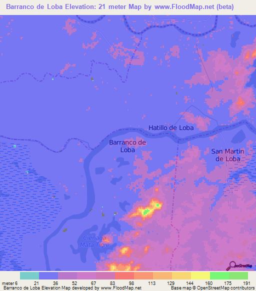 Barranco de Loba,Colombia Elevation Map