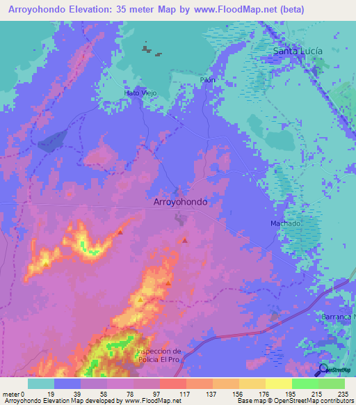 Arroyohondo,Colombia Elevation Map