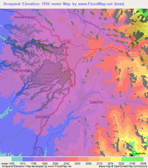 Arrayanal,Colombia Elevation Map