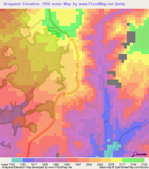 Arrayanal,Colombia Elevation Map