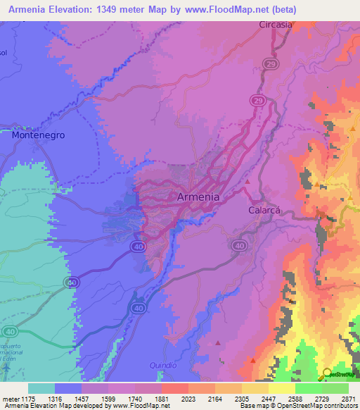 Armenia,Colombia Elevation Map