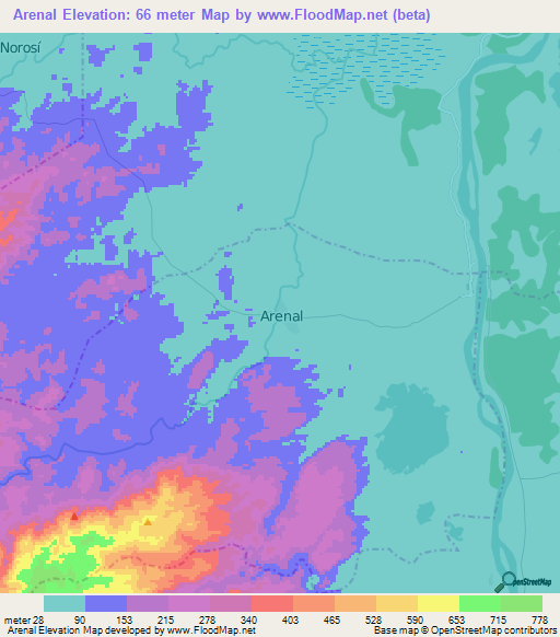 Arenal,Colombia Elevation Map