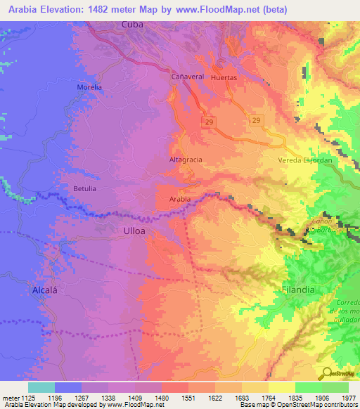 Arabia,Colombia Elevation Map