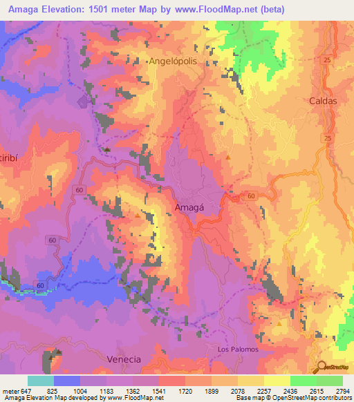 Amaga,Colombia Elevation Map