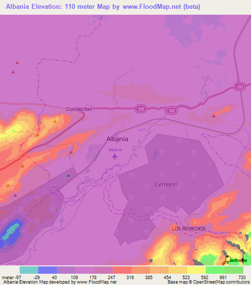 Albania,Colombia Elevation Map