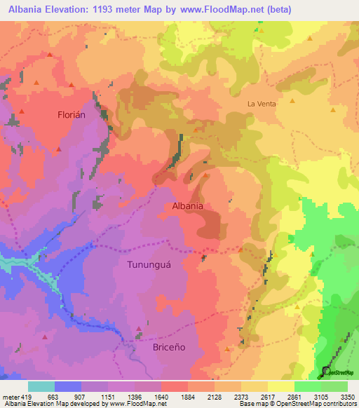 Albania,Colombia Elevation Map