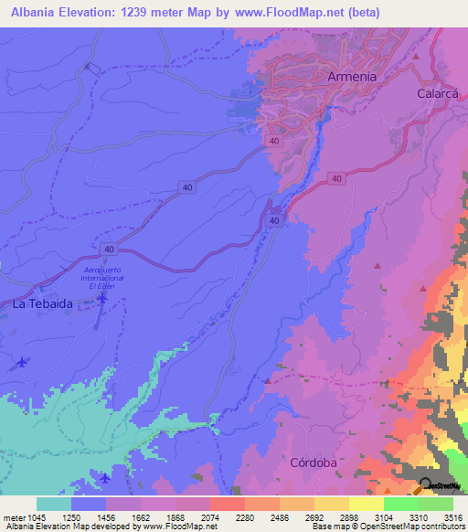 Albania,Colombia Elevation Map