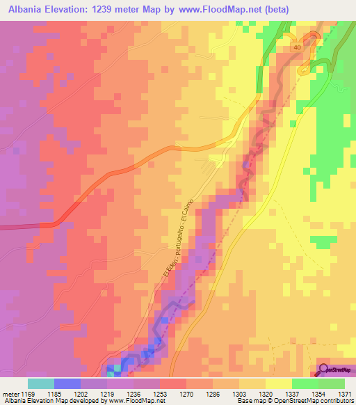 Albania,Colombia Elevation Map