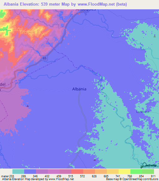 Albania,Colombia Elevation Map