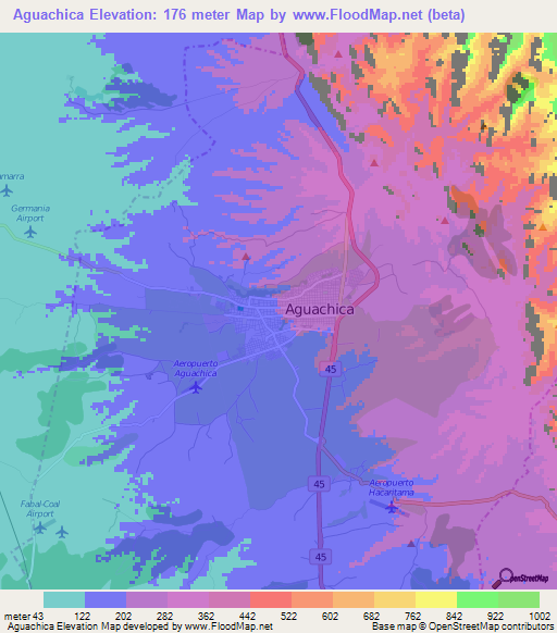 Aguachica,Colombia Elevation Map