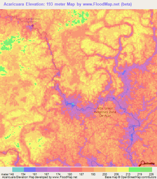 Acaricuara,Colombia Elevation Map