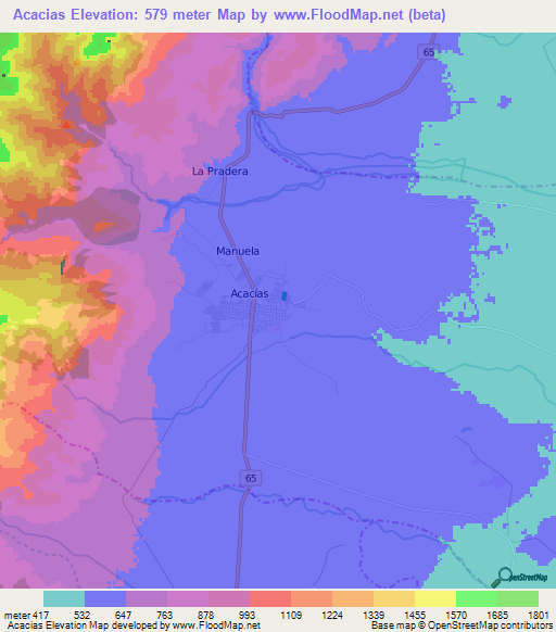 Acacias,Colombia Elevation Map