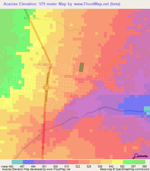 Acacias,Colombia Elevation Map