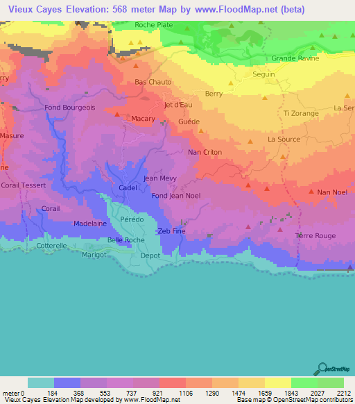 Vieux Cayes,Haiti Elevation Map