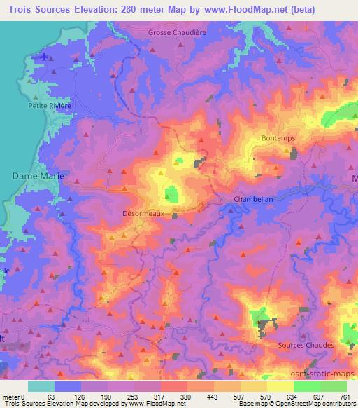 Trois Sources,Haiti Elevation Map