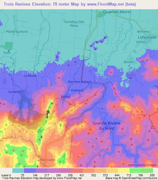 Trois Ravines,Haiti Elevation Map