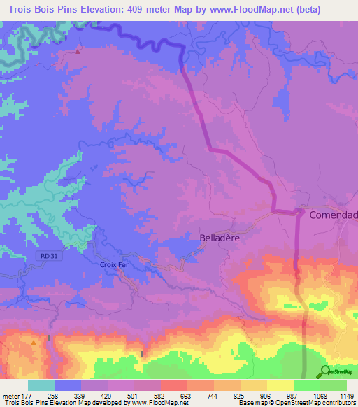 Trois Bois Pins,Haiti Elevation Map