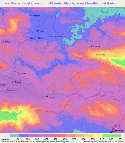 Tete Morne Cadet,Haiti Elevation Map